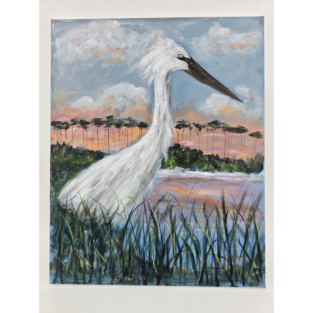 D Seper 2019 Original Egret Heron Coastal Sunset Marsh Painting Signed 16x20